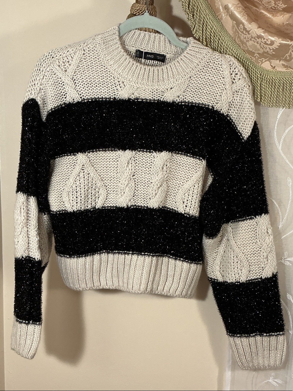NWT Mango Chunky Black Cream Striped Cable Knit Cropped Sweater Sz M Wool Blend